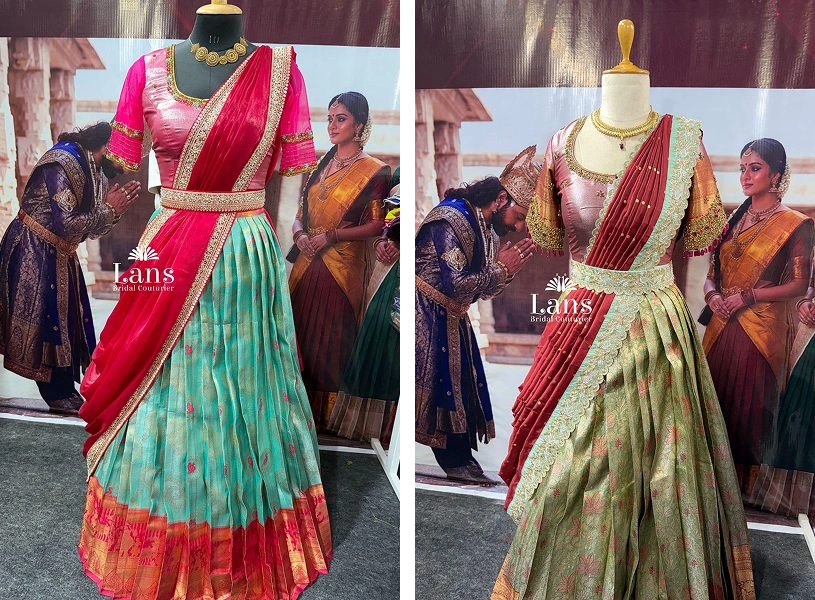 South Indian halfsaree outfit with elegant draping