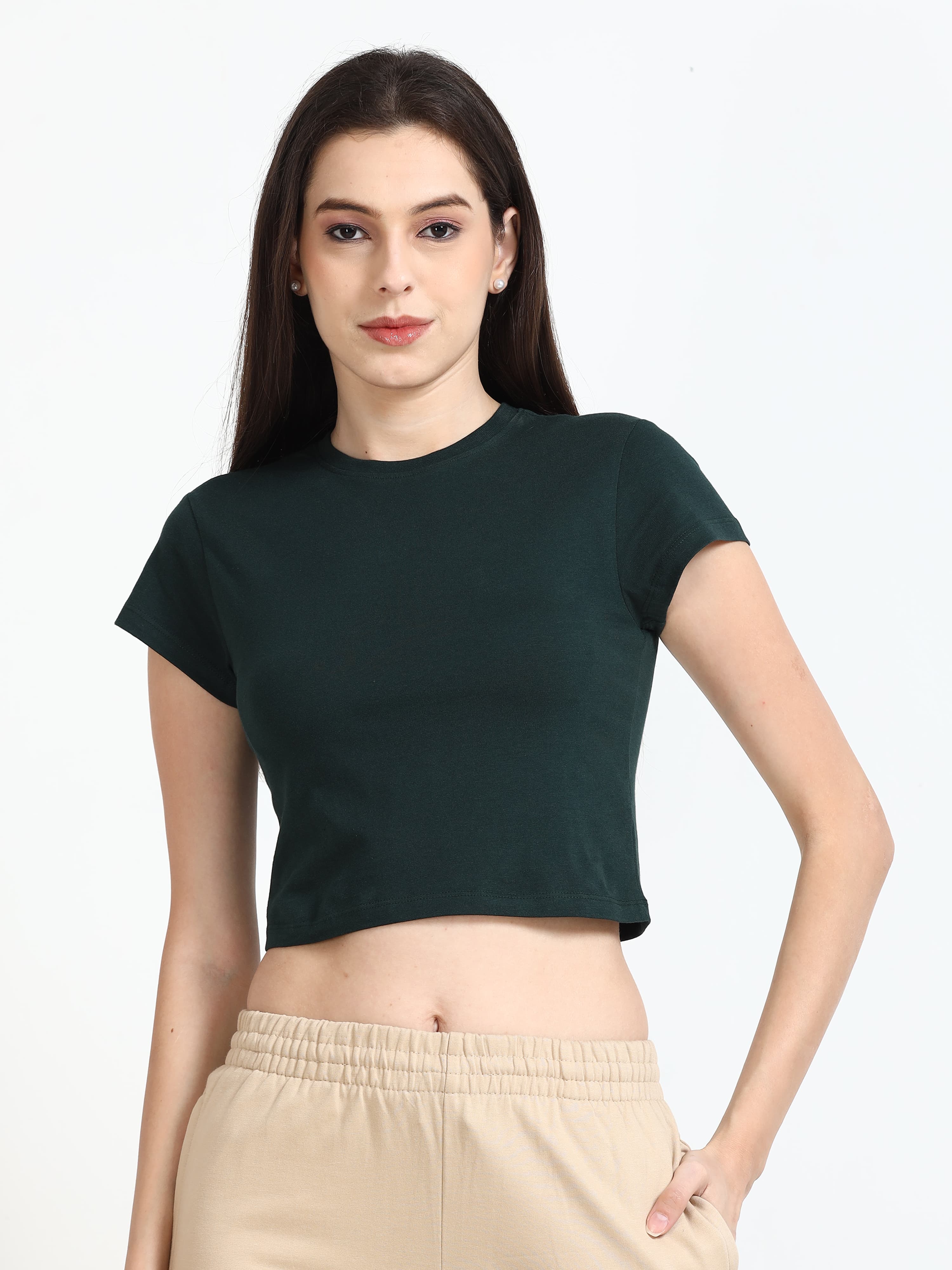 Women Cotton Plain Round Neck Half Sleeve Crop Top